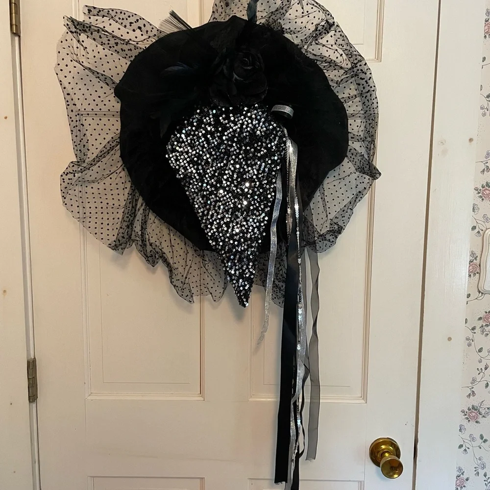 Black and Silver Witch Hat with Sheer Polka Dot Ruffle